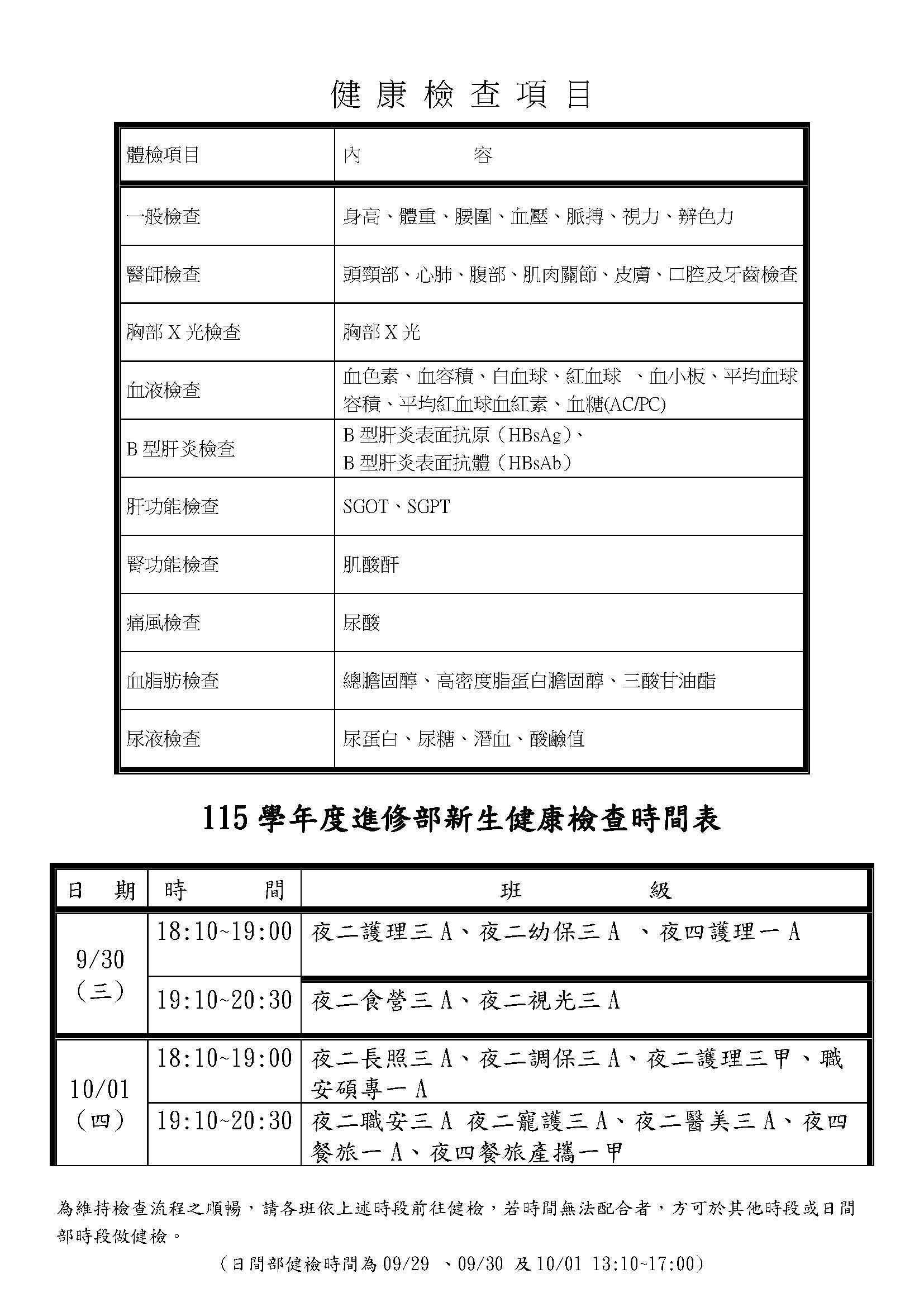 115學年度進修部健檢時間表
