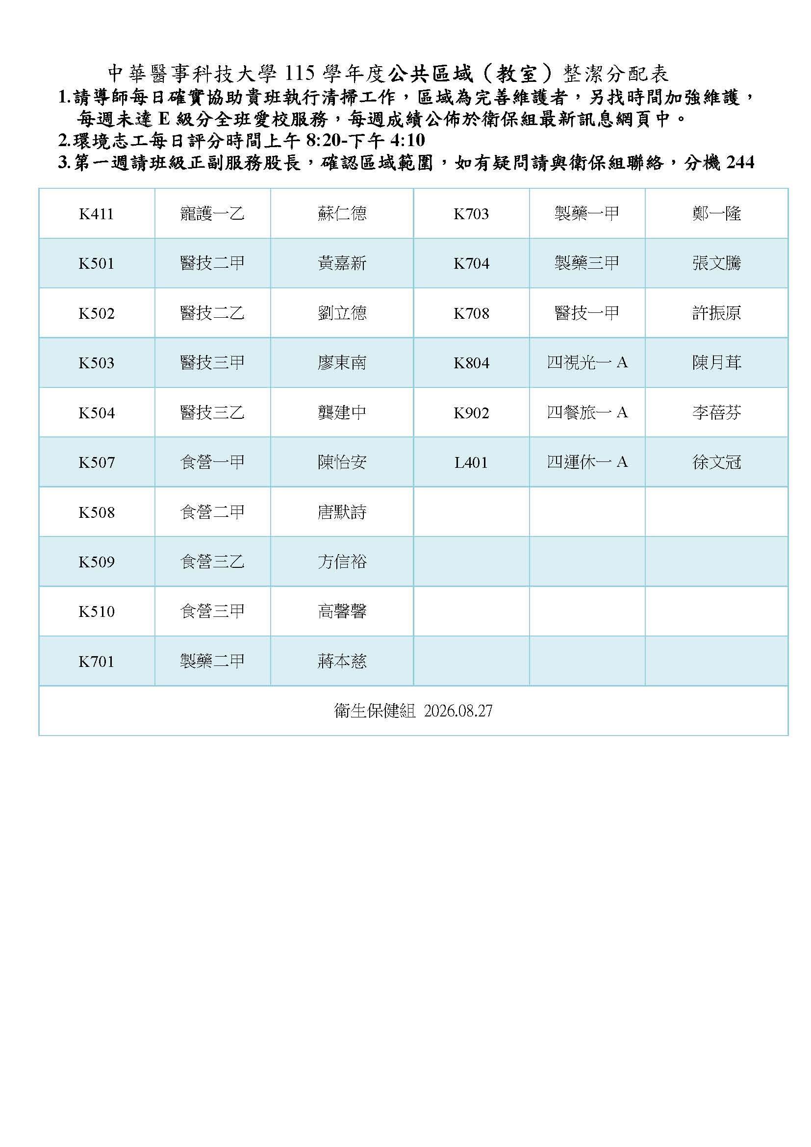 115學年度校園安全整潔維護競賽掃區分配表(教室)  