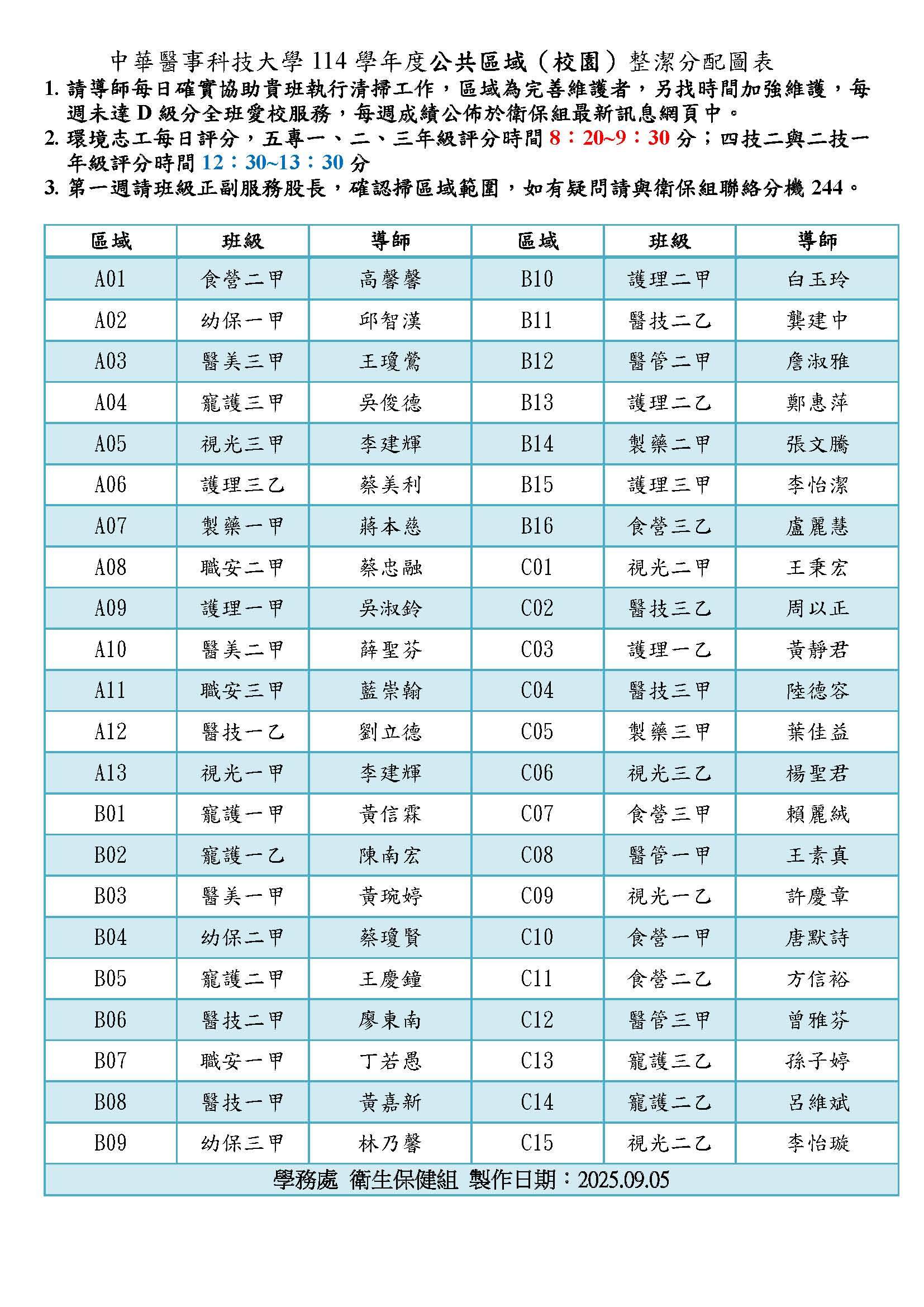114學年度校園安全整潔維護競賽掃區分配表