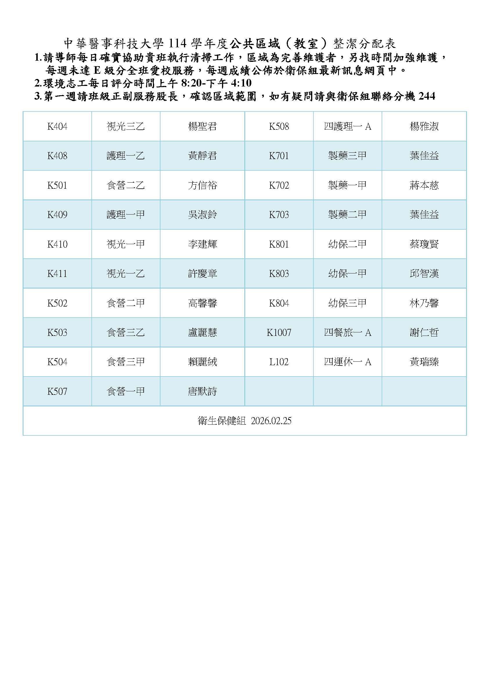 114學年度校園安全整潔維護競賽掃區分配表(教室)