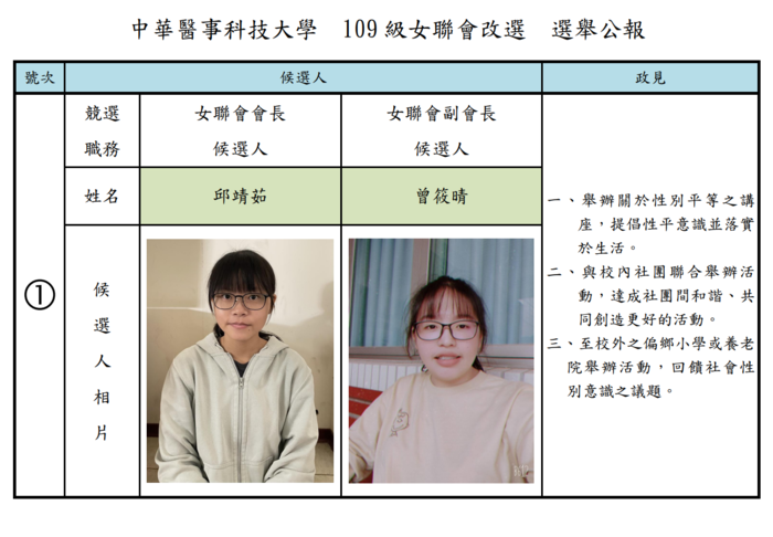 女青年聯合會正、副會長改選候選人選舉公報圖片