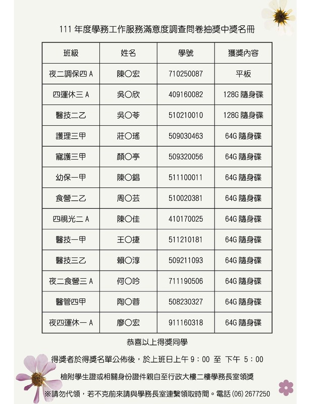 📢📢學務處滿意度問卷填寫學生得獎名單圖片