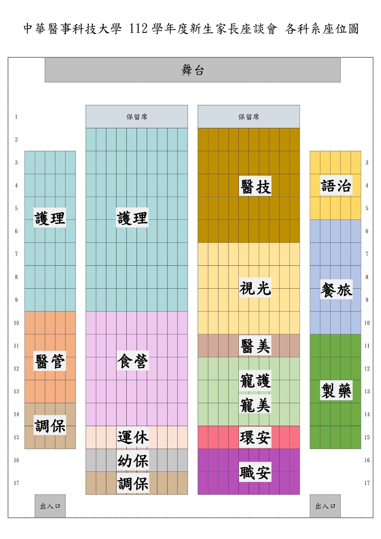 112年度新生家長座談會各科系座位圖