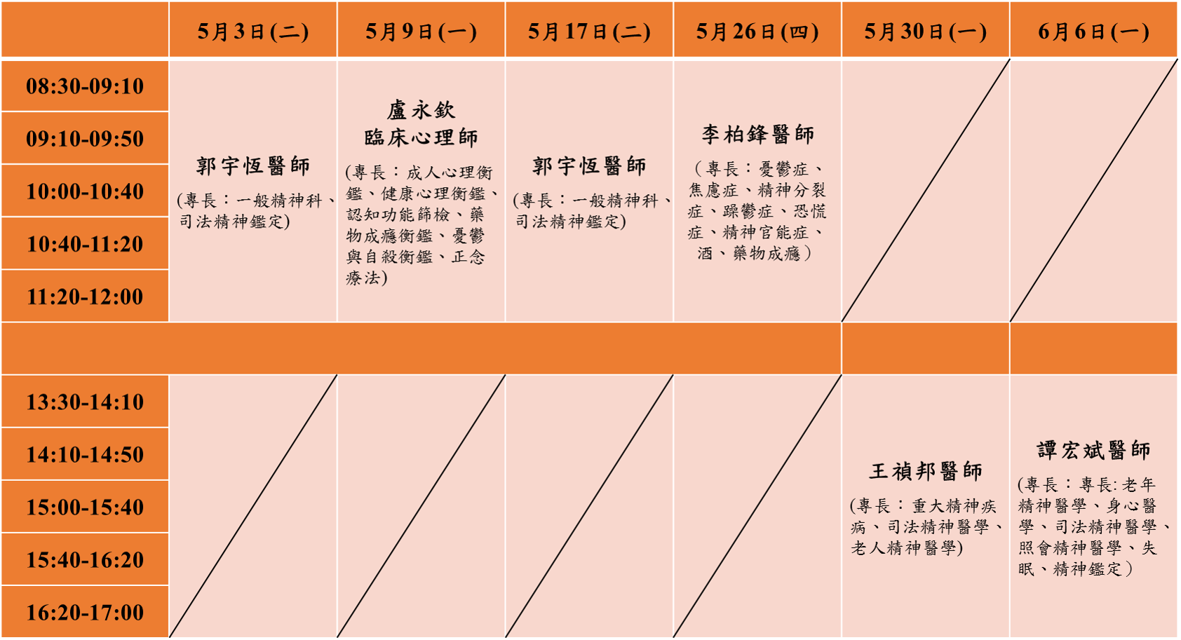 111年5-6月精神科醫師駐校諮詢時間表