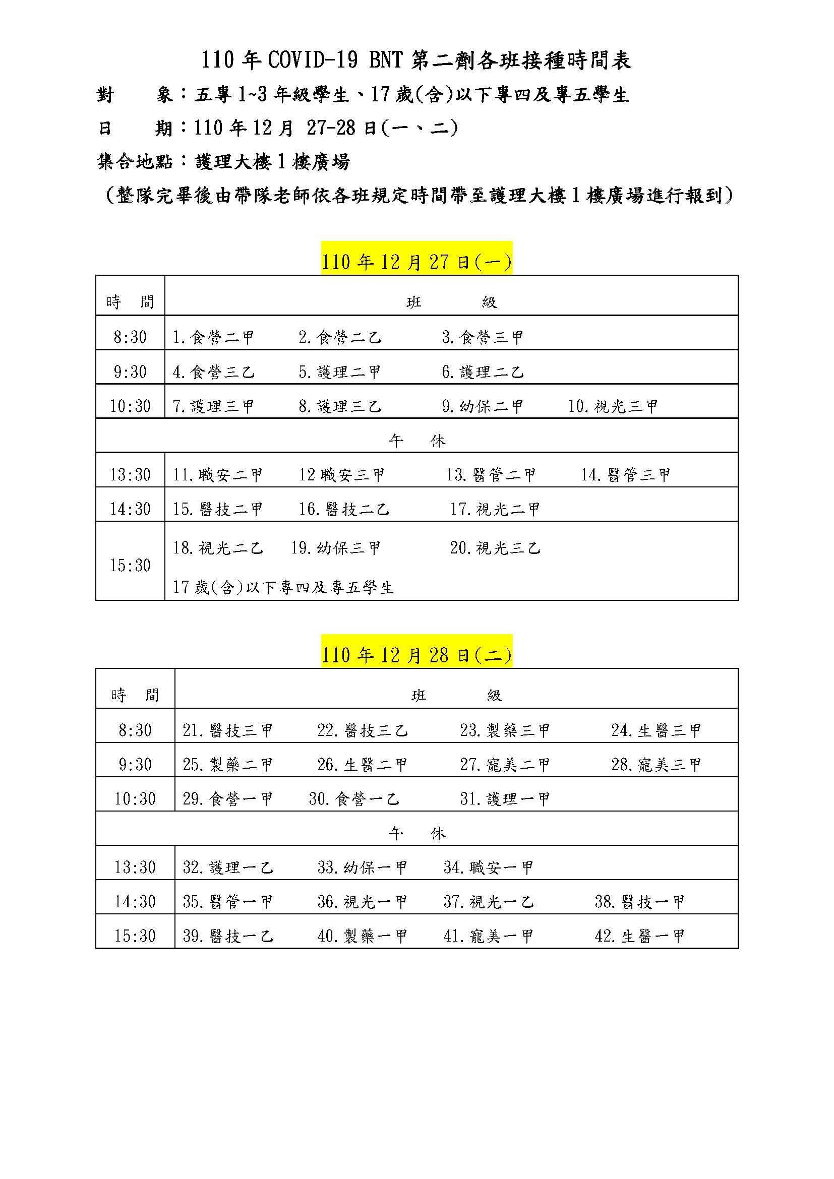 110年BNT疫苗第二劑各班接種時間表